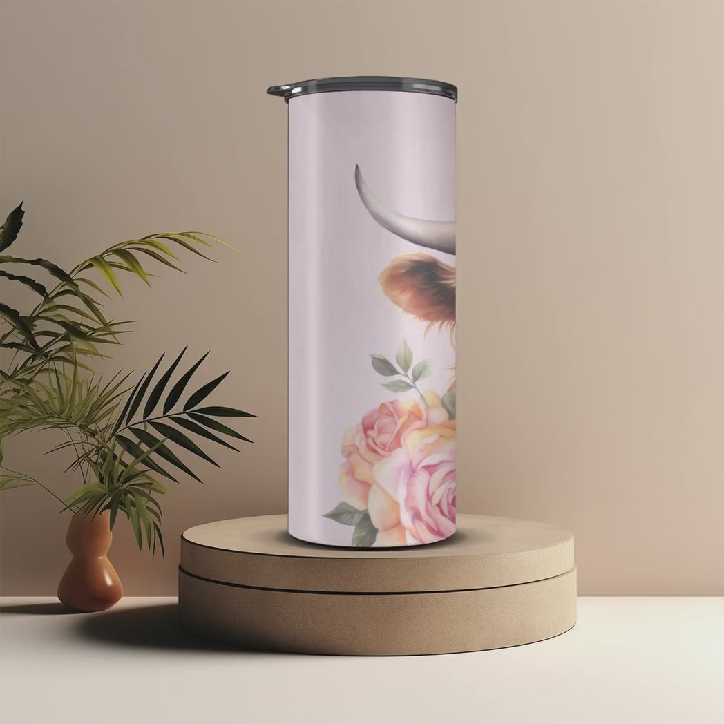 Highland Cow Bookworm 20oz Skinny Tumbler Pink Floral Reader Gift