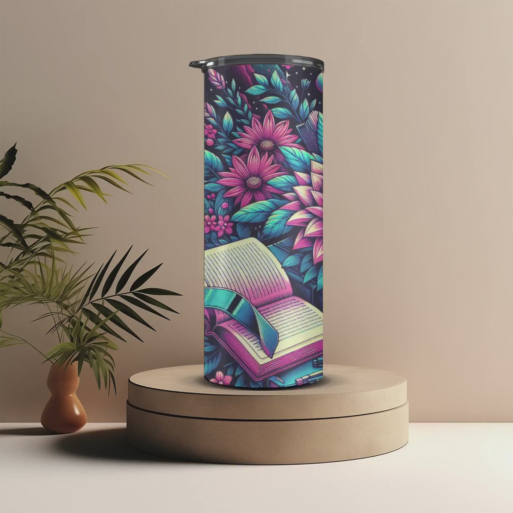 Magical Bookshelf 20oz Skinny Tumbler Neon Floral Bookish Travel Mug