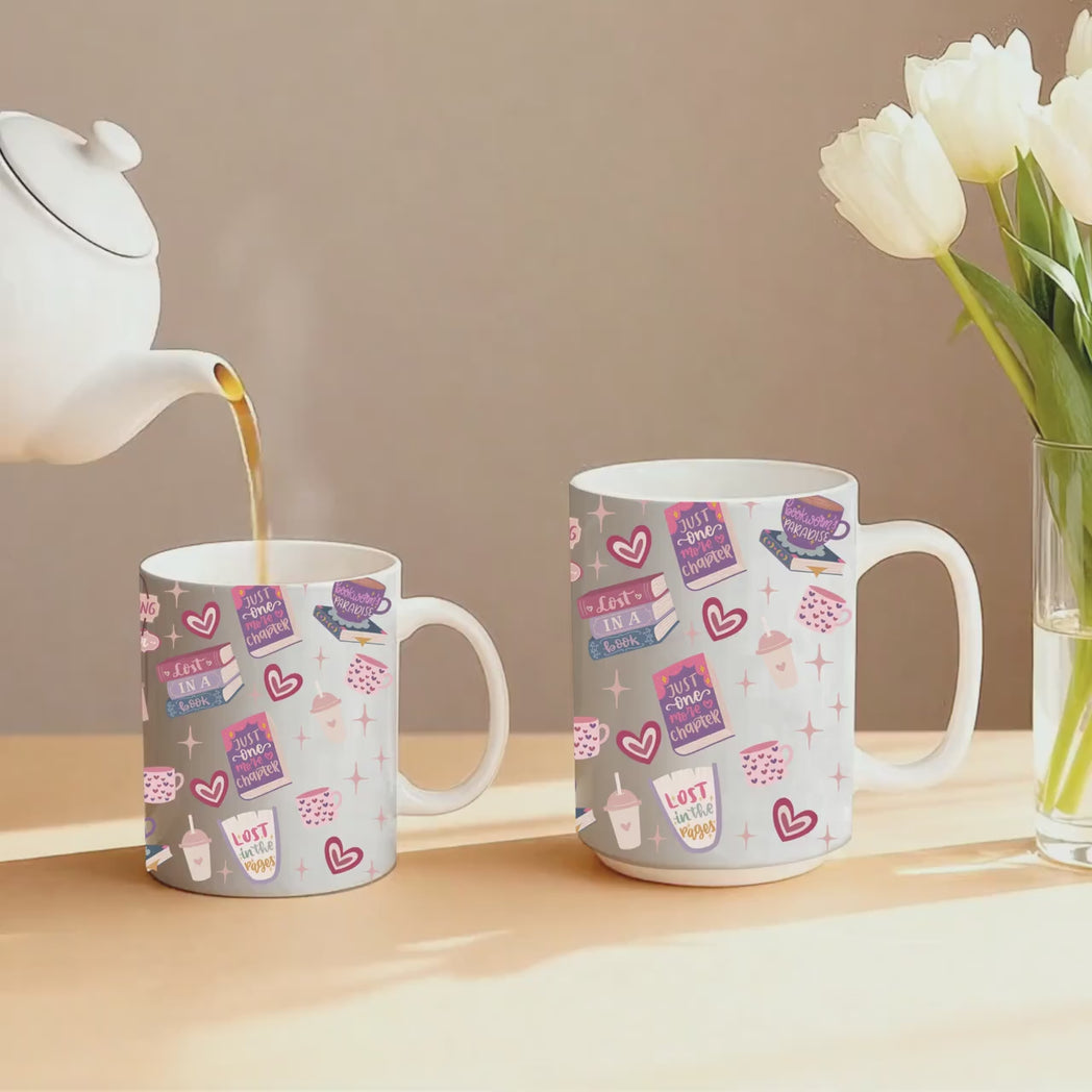 Retro Books & Coffee Mug Pink Reading Corner Pattern 11oz 15oz Mug