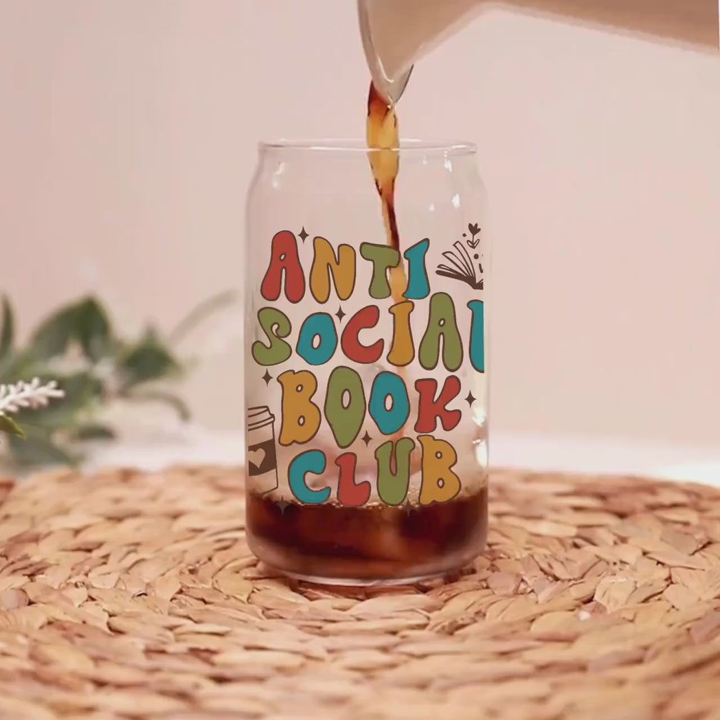 Anti-Social Book Club Glass Tumbler, 16oz Can Cup, Retro Bookish Gift, Frosted or Clear