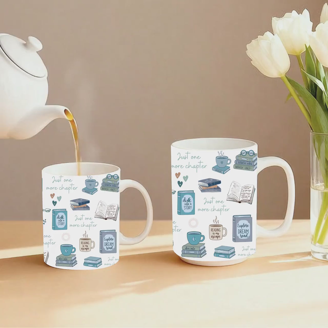 Bookworm Pattern Mug Muted Blue Reading Quotes Large 11oz 15oz Reading Mug