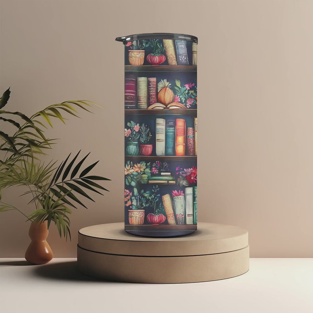 Bookshelf & Blooms 20oz Skinny Tumbler Dark Academic Floral Library Gift
