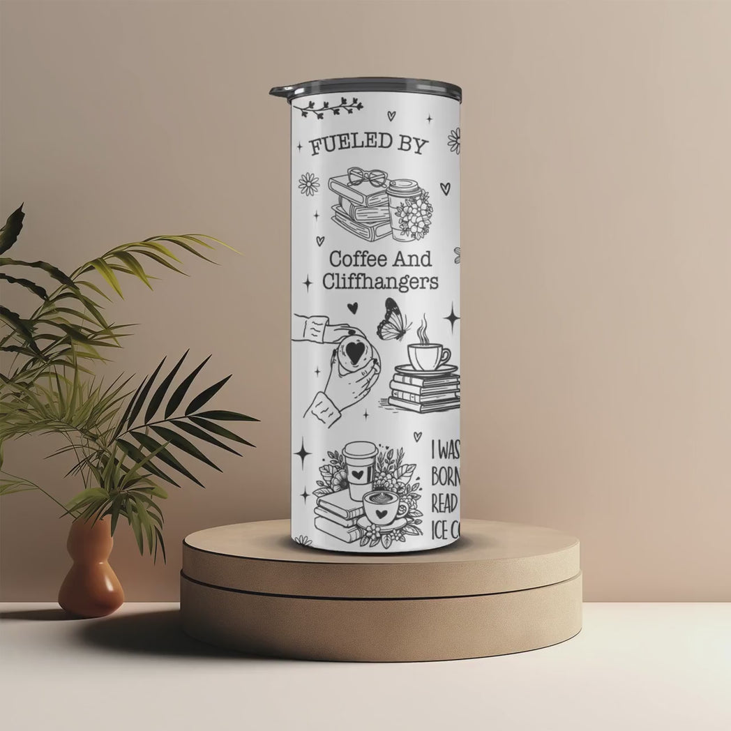 Coffee and Cliffhangers 20oz Skinny Tumbler Bookish Tattoo Collage