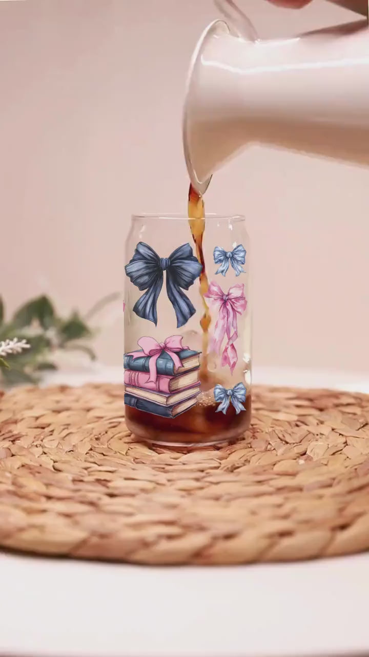 Preppy Book Lover Glass Tumbler, Watercolor Bows Books, 16oz Libbey Can, Book Club Gift