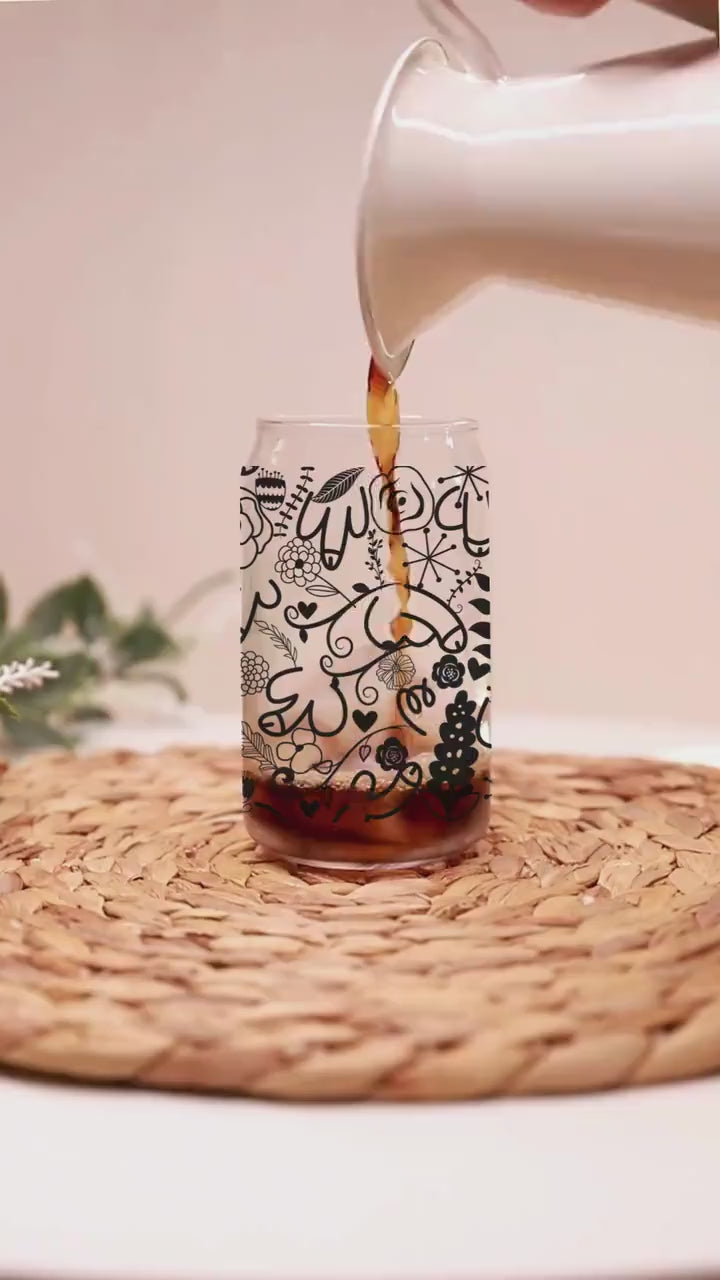 Adult Humor Glass Tumbler, Bamboo Lid and Straw, Hidden Dick Flower Pattern, Funny Gift (16oz)