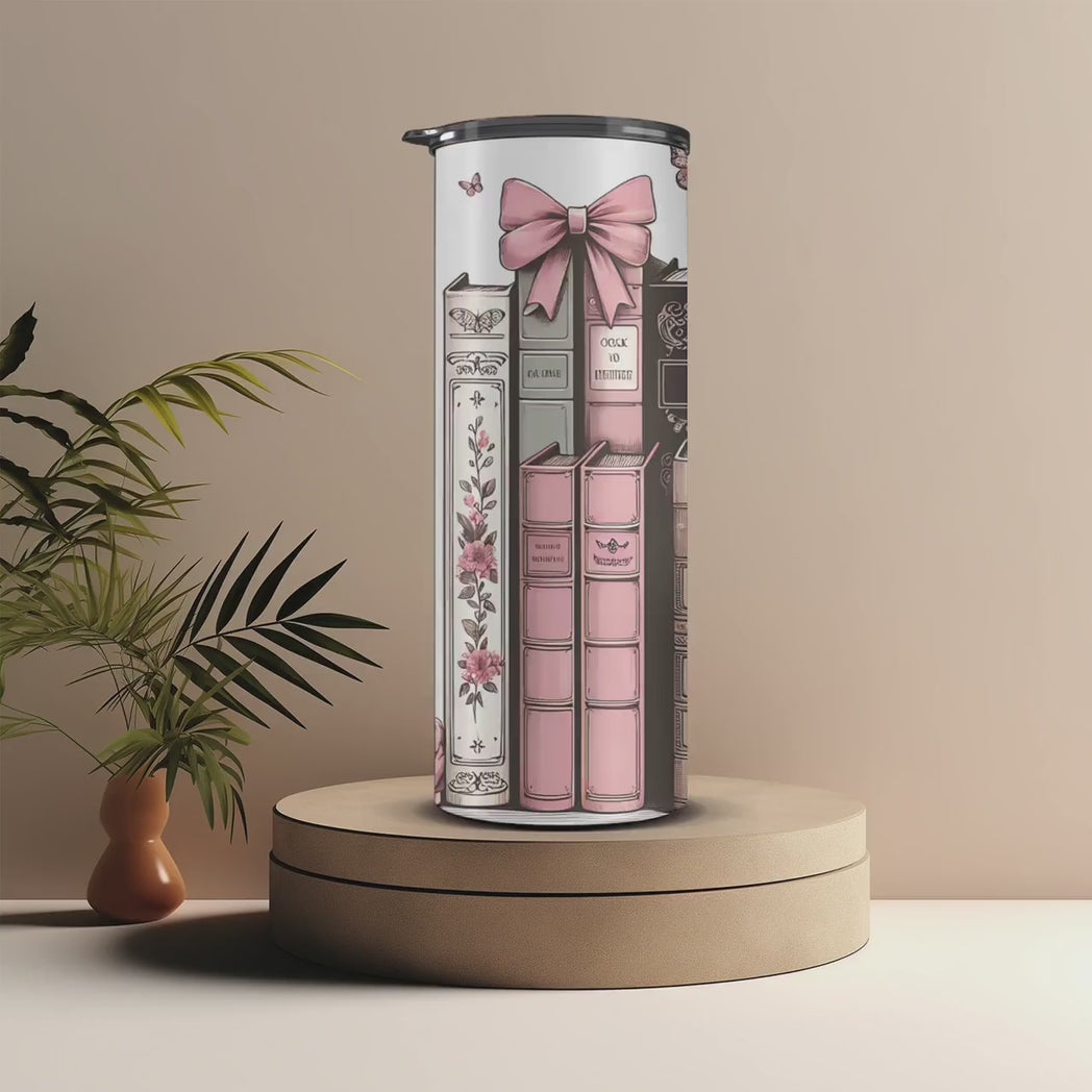 Pink Bow & Bookish 20oz Skinny Tumbler Coquette Book Lover Gift